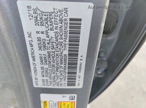 1HGCV2F9XKA006029 2019 HONDA ACCORD Silver VIN კოდის სტიკერის ხედი