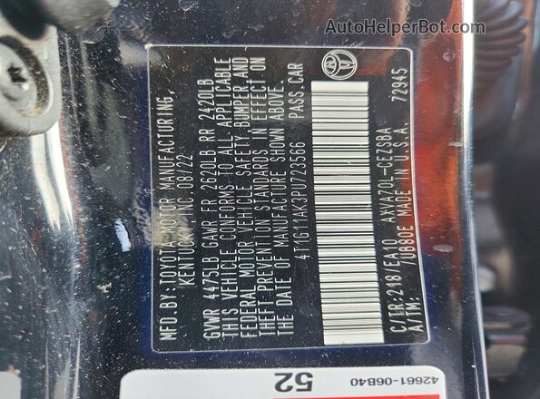 4T1G11AK3PU723566 2023 TOYOTA CAMRY Черный Вид наклейки с VIN-кодом