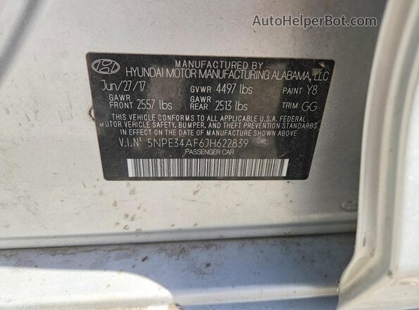5NPE34AF6JH622839 2018 HYUNDAI SONATA Silver VIN კოდის სტიკერის ხედი