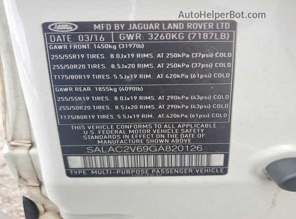 SALAC2V69GA820126 2016 LAND ROVER LR4 White Vista de la etiqueta del VIN