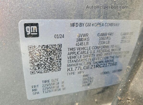 KL77LGE21RC217168 2024 CHEVROLET TRAX Gray VIN sticker view