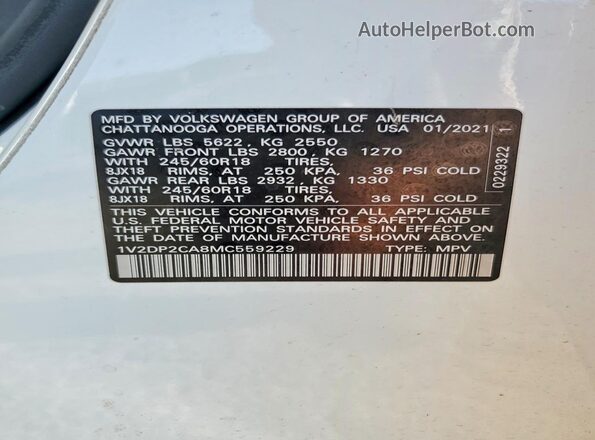 1V2DP2CA8MC559229 2021 VOLKSWAGEN ATLAS White Vista interior de 360 grados