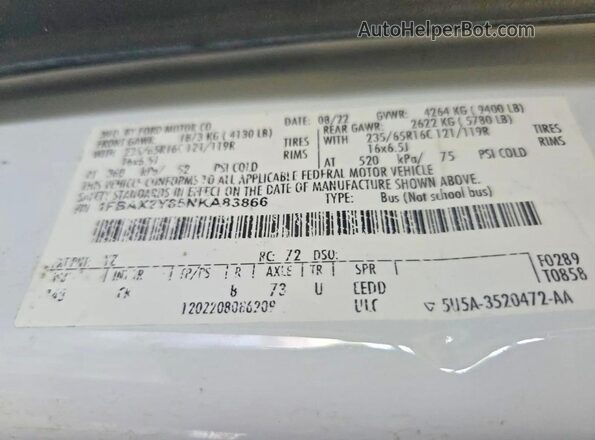 1FBAX2Y85NKA83866 2022 FORD TRANSIT White Вид задніх сидінь