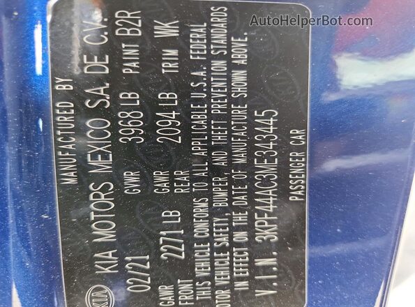3KPF44AC3ME343445 2021 KIA FORTE Blue VIN კოდის სტიკერის ხედი