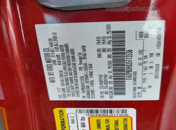 1FATP8UHXJ5113536 2018 FORD MUSTANG Red Вид наклейки з VIN-кодом