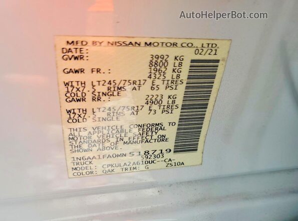 1N6AA1FA0MN518719 2021 NISSAN TITAN White VIN sticker view