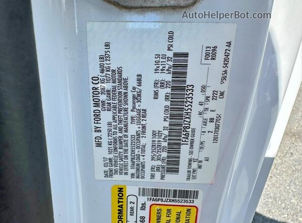 1FA6P8JZXH5523533 2017 FORD MUSTANG White Vista interior trasera