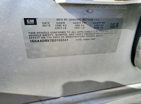 1G6AA5RX7G0193341 2016 CADILLAC ATS Silver VIN կոդի պիտակի տեսք