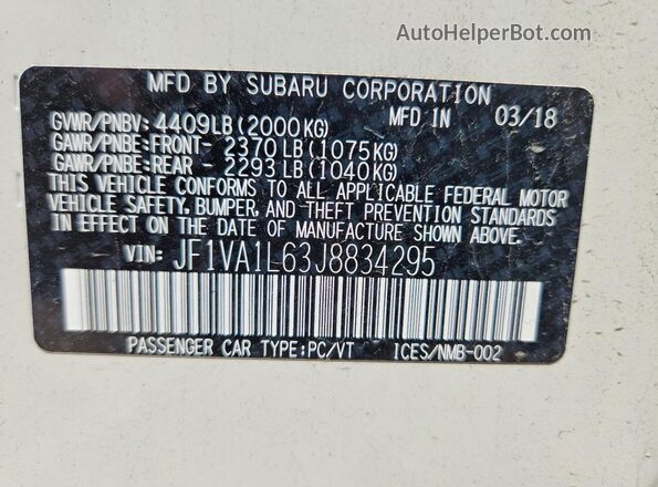 JF1VA1L63J8834295 2018 SUBARU WRX White Vista de la etiqueta del VIN