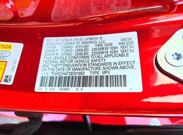 7FARS3H47SE001892 2025 HONDA CR-V Red VIN sticker view