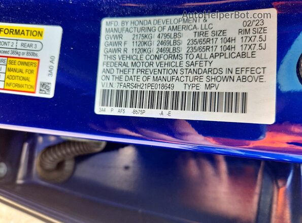 7FARS4H21PE018649 2023 HONDA CR-V Blue VIN sticker view