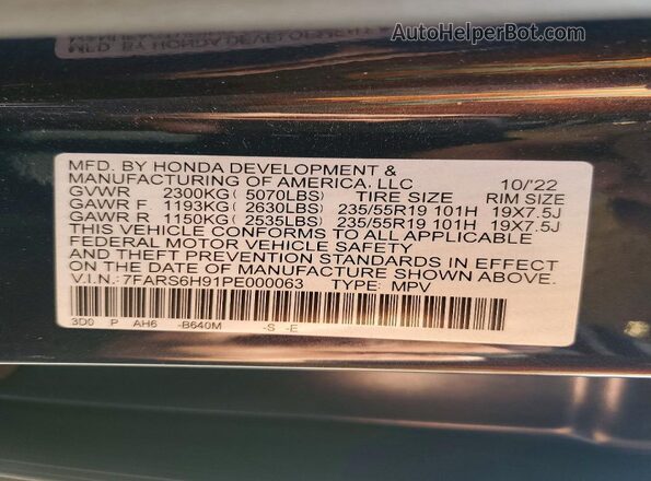 7FARS6H91PE000063 2023 HONDA CR-V Blue Vista de la etiqueta del VIN