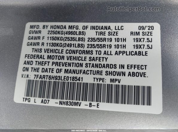 7FART6H93LE018541 2020 HONDA CR-V Silver Vista del compartimento del motor