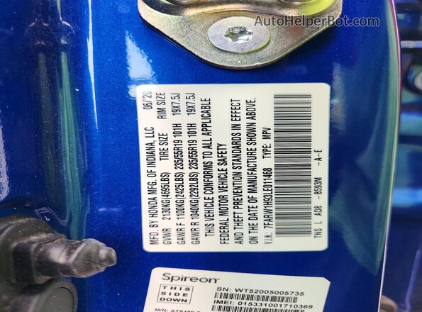 7FARW1H93LE011468 2020 HONDA CR-V Blue VIN կոդի պիտակի տեսք