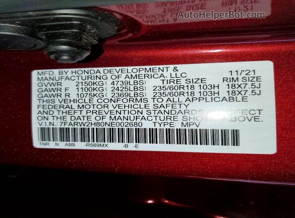 7FARW2H80NE002680 2022 HONDA CR-V Burgundy VIN sticker view