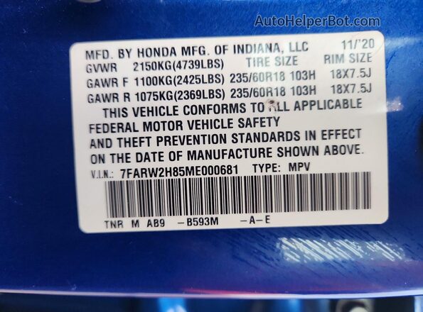 7FARW2H85ME000681 2021 HONDA CR-V Синий Панорамный вид салона 360°