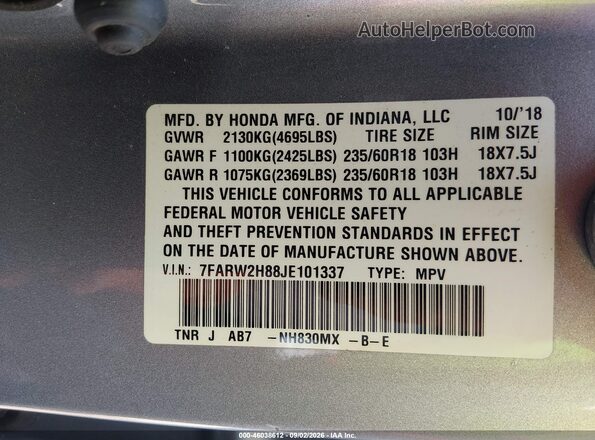7FARW2H88JE101337 2018 HONDA CR-V Silver Շարժիչի բաժամունքի տեսք