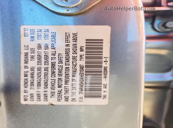 7FARW5H3XHE010487 2017 HONDA CR-V Silver Widok naklejki z numerem VIN