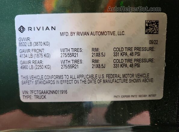 7FCTGAAA2NN011916 2022 RIVIAN R1T Green Շարժիչի բաժամունքի տեսք