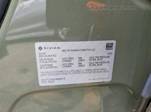 7FCTGAAL9NN004110 2022 RIVIAN R1T Зеленый Вид подкапотного пространства