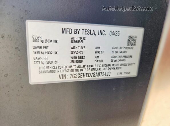 7G2CEHED7SA072420 2025 TESLA CYBERTRUCK Silver VIN კოდის სტიკერის ხედი