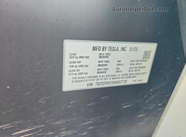 7G2CEHEEXSA062120 2025 TESLA CYBERTRUCK Silver VIN კოდის სტიკერის ხედი