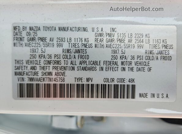 7MMVAAEW7TN145758 2026 MAZDA CX-5 White VIN կոդի պիտակի տեսք