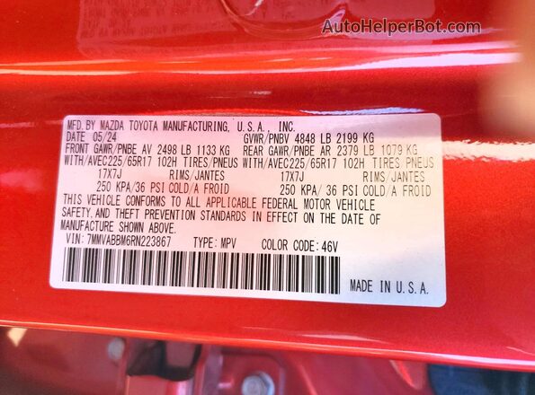 7MMVABBM6RN223867 2024 MAZDA CX-5 Red VIN sticker view