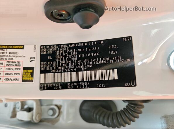 7MUCAAAG1PV072026 2023 TOYOTA COROLLA White VIN կոդի պիտակի տեսք