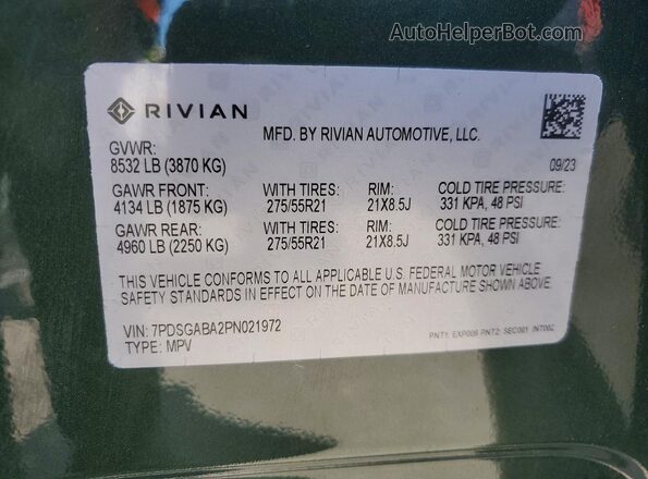 7PDSGABA2PN021972 2023 RIVIAN R1S Green Widok wnętrza 360 stopni