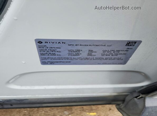 7PDSGABA3PN019549 2023 RIVIAN R1S White VIN sticker view