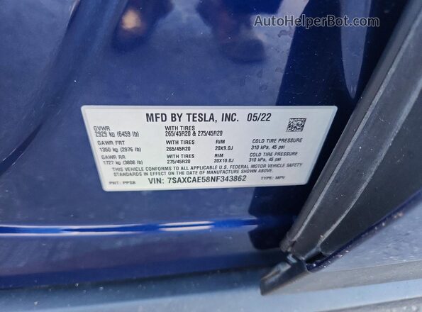 7SAXCAE58NF343862 2022 TESLA MODEL Blue Widok naklejki z numerem VIN