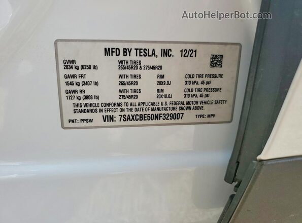 7SAXCBE50NF329007 2022 TESLA MODEL White VIN კოდის სტიკერის ხედი