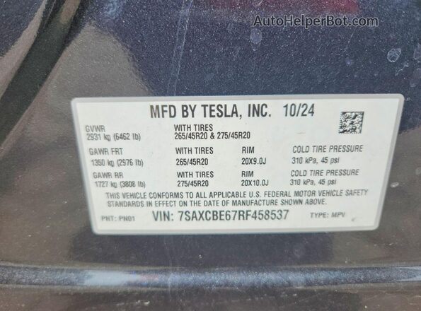 7SAXCBE67RF458537 2024 TESLA MODEL Blue 360 interior view