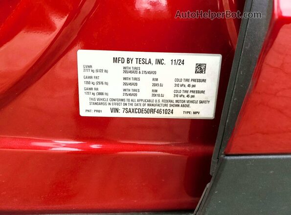 7SAXCDE50RF461024 2024 TESLA MODEL Красный Вид наклейки с VIN-кодом