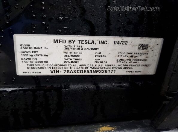 7SAXCDE53NF339171 2022 TESLA MODEL Black Вид наклейки з VIN-кодом