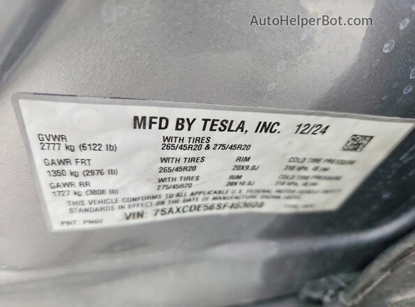 7SAXCDE56SF463608 2025 TESLA MODEL Серебряный Вид наклейки с VIN-кодом