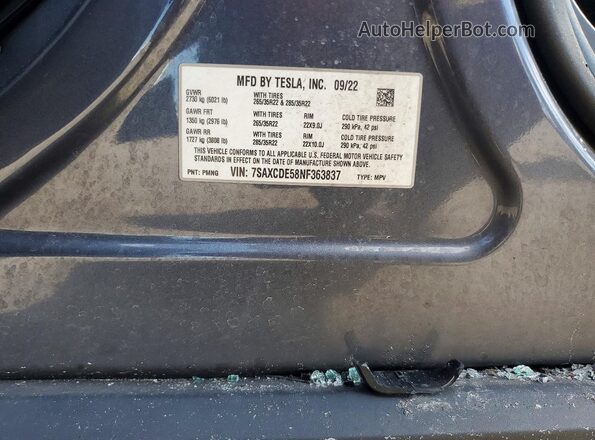 7SAXCDE58NF363837 2022 TESLA MODEL Gray Вид наклейки з VIN-кодом