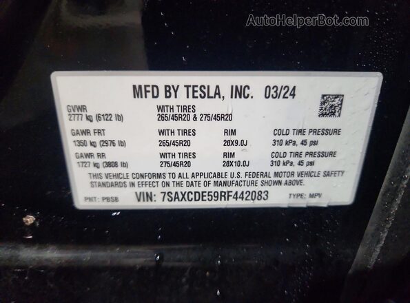 7SAXCDE59RF442083 2024 TESLA MODEL Черный Вид наклейки с VIN-кодом