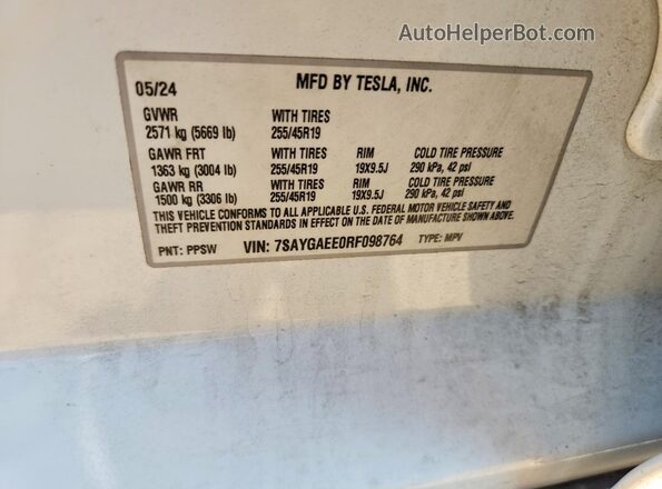 7SAYGAEE0RF098764 2024 TESLA MODEL White Engine compartment view