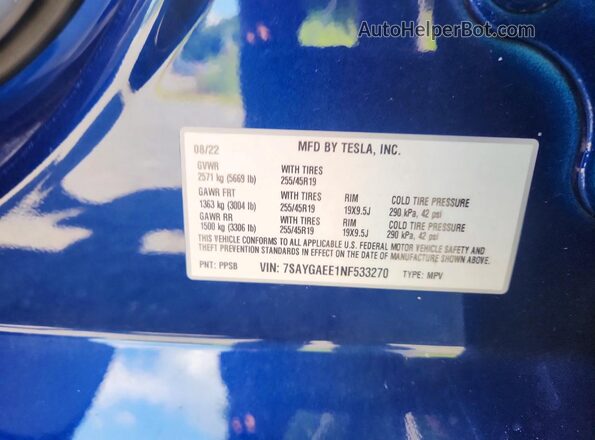 7SAYGAEE1NF533270 2022 TESLA MODEL Синий Вид подкапотного пространства