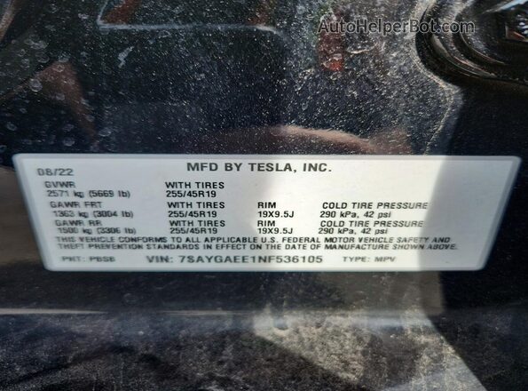 7SAYGAEE1NF536105 2022 TESLA MODEL Black VIN კოდის სტიკერის ხედი