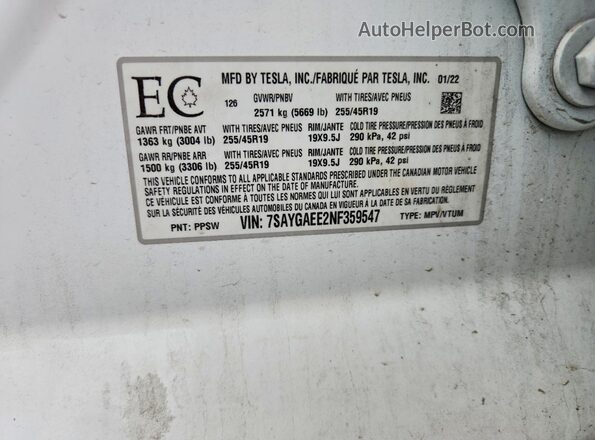 7SAYGAEE2NF359547 2022 TESLA MODEL White Вид підкапотного простору