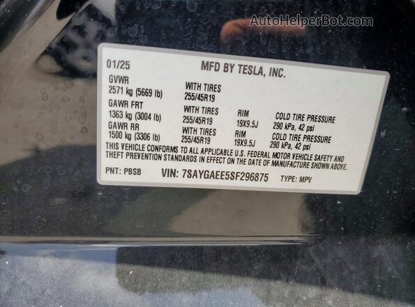 7SAYGAEE5SF296875 2025 TESLA MODEL Black Widok naklejki z numerem VIN