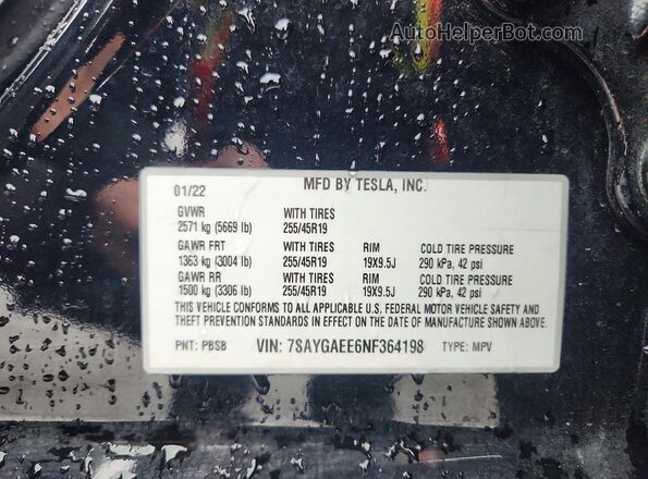 7SAYGAEE6NF364198 2022 TESLA MODEL Black Вид наклейки з VIN-кодом