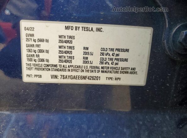7SAYGAEE6NF426201 2022 TESLA MODEL Blue Widok komory silnika
