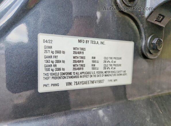 7SAYGAEE7NF419807 2022 TESLA MODEL Gray Widok wnętrza 360 stopni