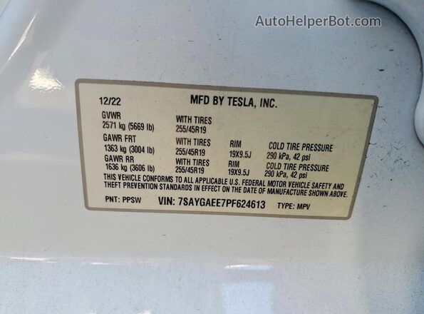 7SAYGAEE7PF624613 2023 TESLA MODEL Белый Вид наклейки с VIN-кодом