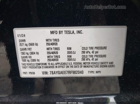 7SAYGAEE7RF982040 2024 TESLA MODEL Y Black Engine compartment view
