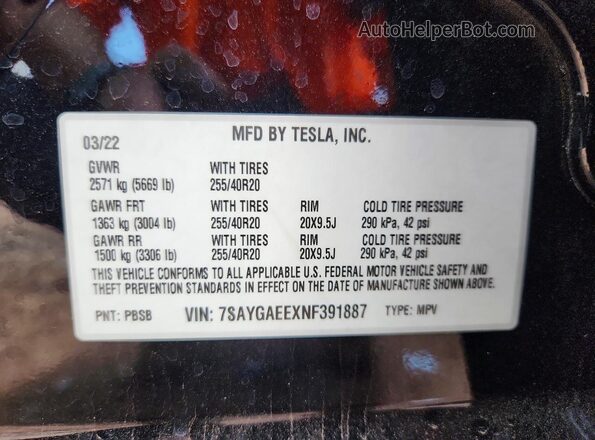 7SAYGAEEXNF391887 2022 TESLA MODEL Черный Вид наклейки с VIN-кодом